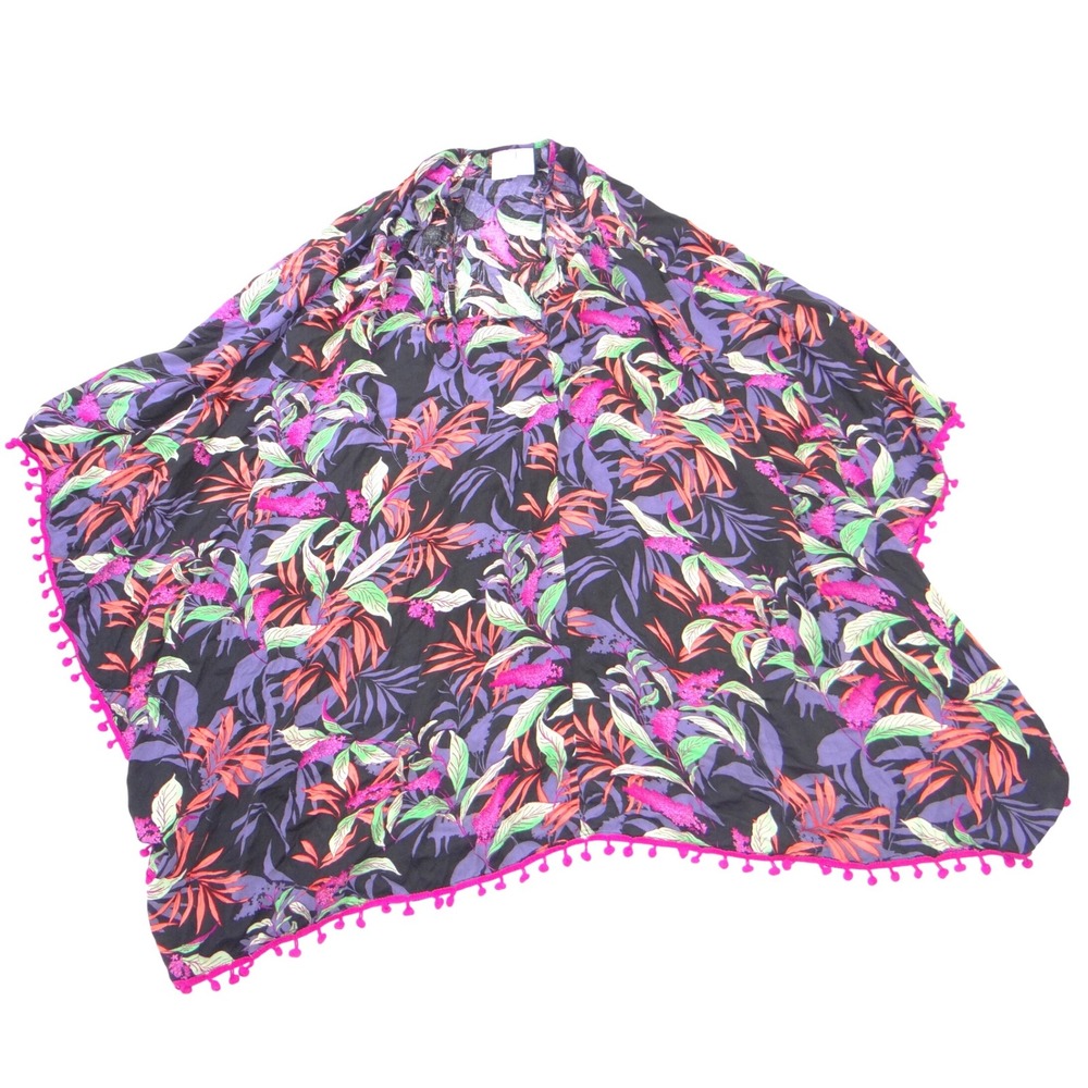 Goa Beachwear by Japna Women L Tropical Floral Kaftan Cover Up Pom Pom‎ Trim